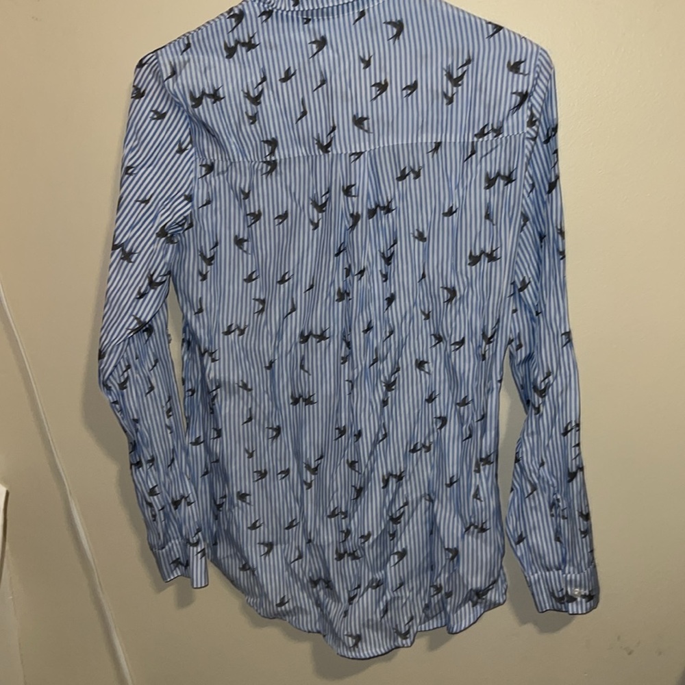 Express Blue and White Striped Bird Print Button Down Shirt Blouse - Picture 7 of 7